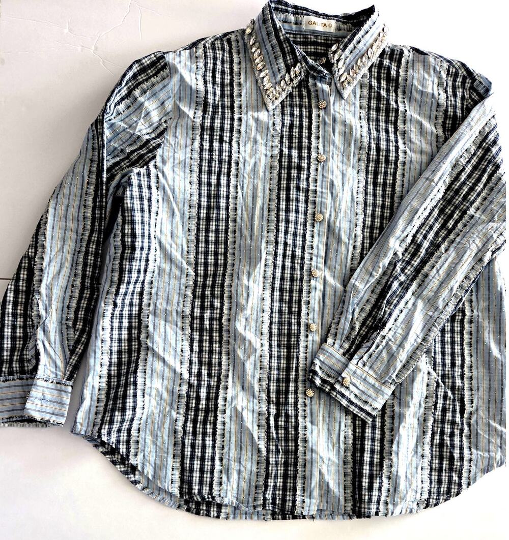 Galita Plaid Rhinestone Western Style Shirt Blouse Womens Large Blue White